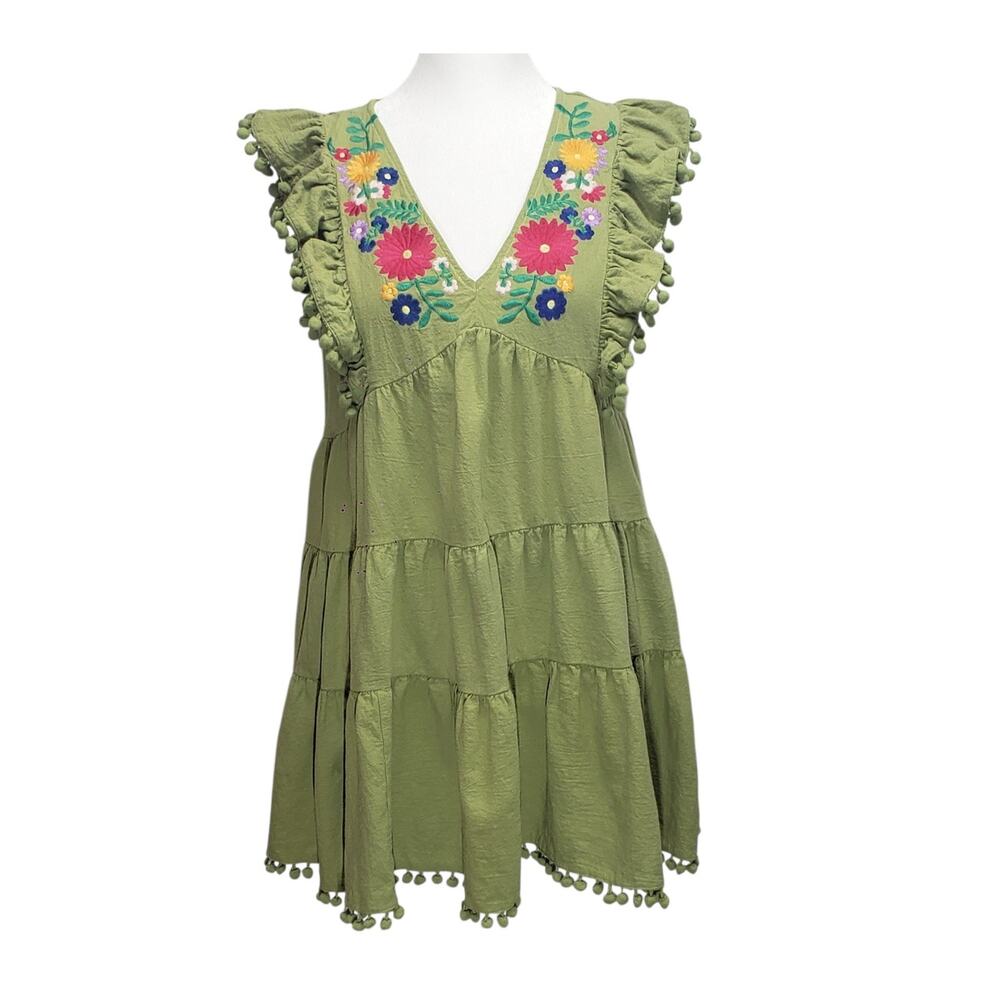 Umgee Boho Floral Embroidered Dress Small Olive Green Tiered Ruffle Cottagecore